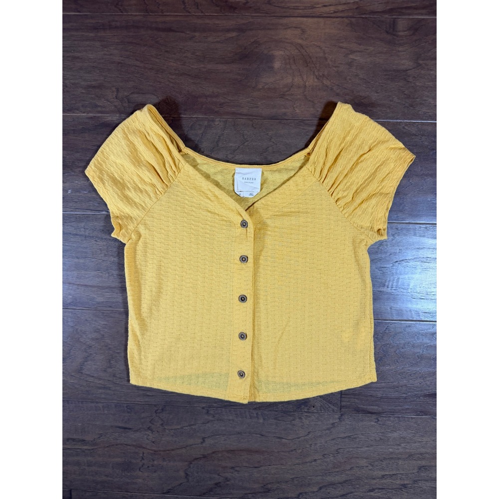 Harper Heritage Mustard Yellow Textured Button Front Crop Top V-Neck AN11045 M